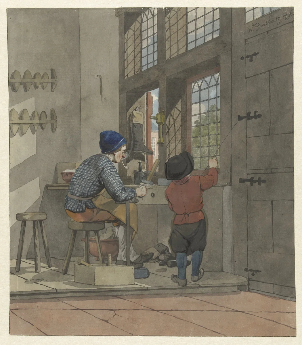 Schoenmaker in zijn werkplaats by W. Barthautz, drawing, 1796
