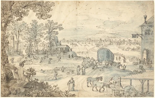 Summer Harvest in an Extensive Landscape by Lodewyk Toeput, drawing, 1550-1605