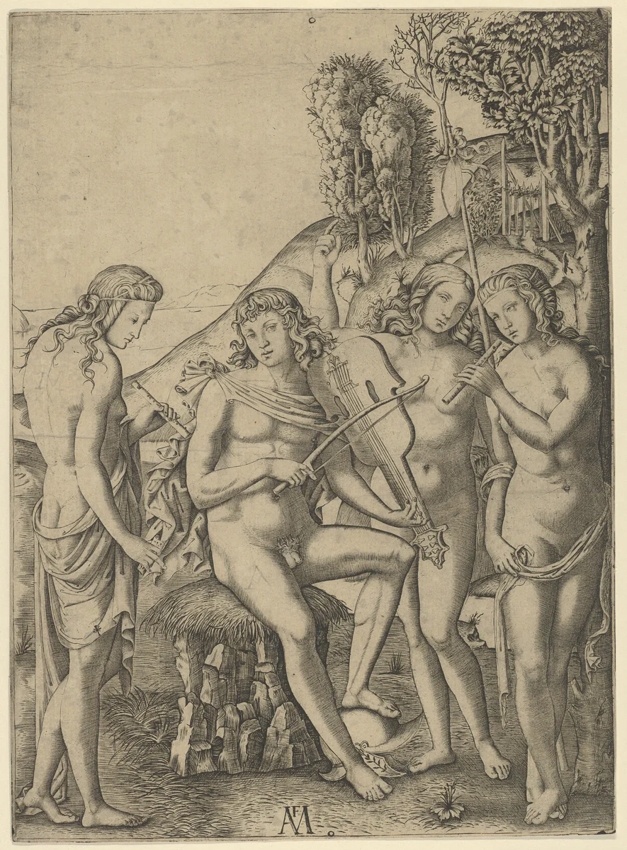 A young man, seated and playing the violin at centre, flanked by two woman holding flutes, another woman in the background by Marcantonio Raimondi, print, 1507-1517