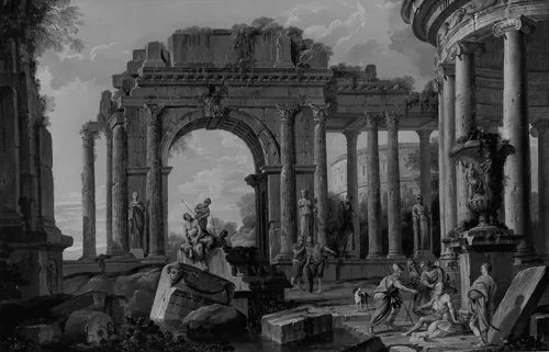 Architectural Landscape with Belisarius Receiving Alms by Artist Unknown, painting, 1760-1800