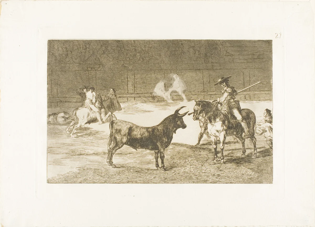 The Celebrated Picador, Fernando del Toro, Draws the Fierce Beast on with His Pique, plate 27 from The Art of Bullfighting by Francisco José de Goya, print, 1814-1816