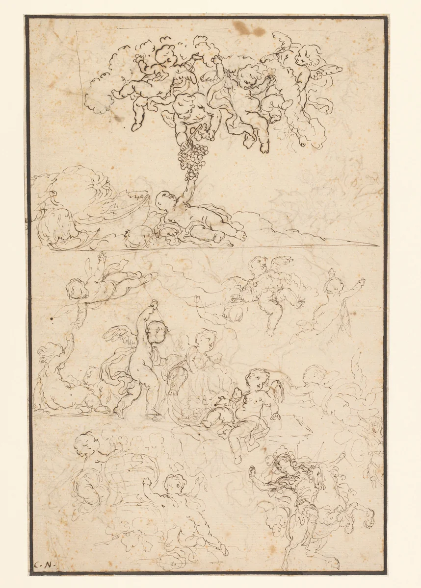 Studies van putti en rechtsonder H. Joris of Perseus by Charles Joseph Natoire, drawing, 1710-1777