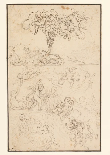 Studies van putti en rechtsonder H. Joris of Perseus by Charles Joseph Natoire, drawing, 1710-1777