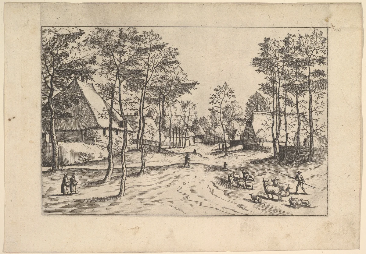 Village Street, cattle, sheep and herdsman in the foreground from Praediorum villarum et rusticarum casularum icones elenoantissimae ad vivum in apre deformatae by Johannes van Doetecum, print, 1554-1564