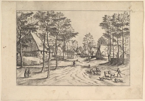 Village Street, cattle, sheep and herdsman in the foreground from Praediorum villarum et rusticarum casularum icones elenoantissimae ad vivum in apre deformatae by Johannes van Doetecum, print, 1554-1564