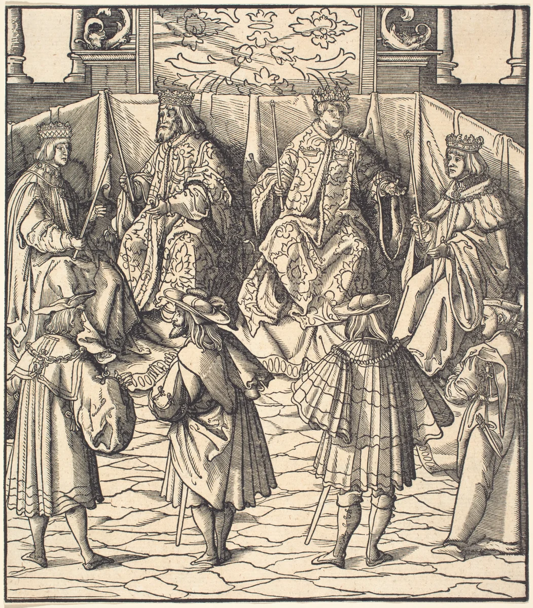 Assembly of Four Kings, in the foreground Four Men by Leonhard Beck, print, 1514-1516