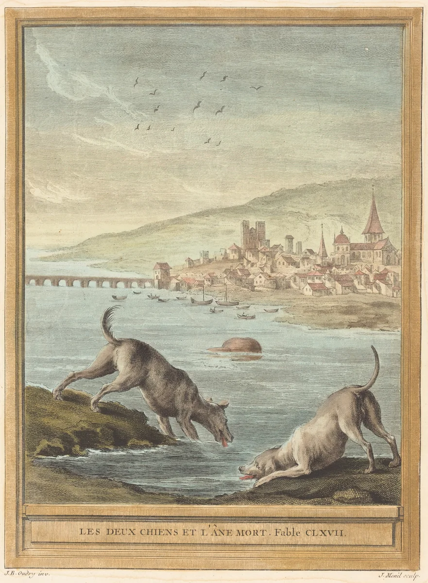 Les deux chiens et l'ane mort (Two Dogs and the Dead Donkey) by Elie du Mesnil; Jean-Baptiste Oudry, print, 1756