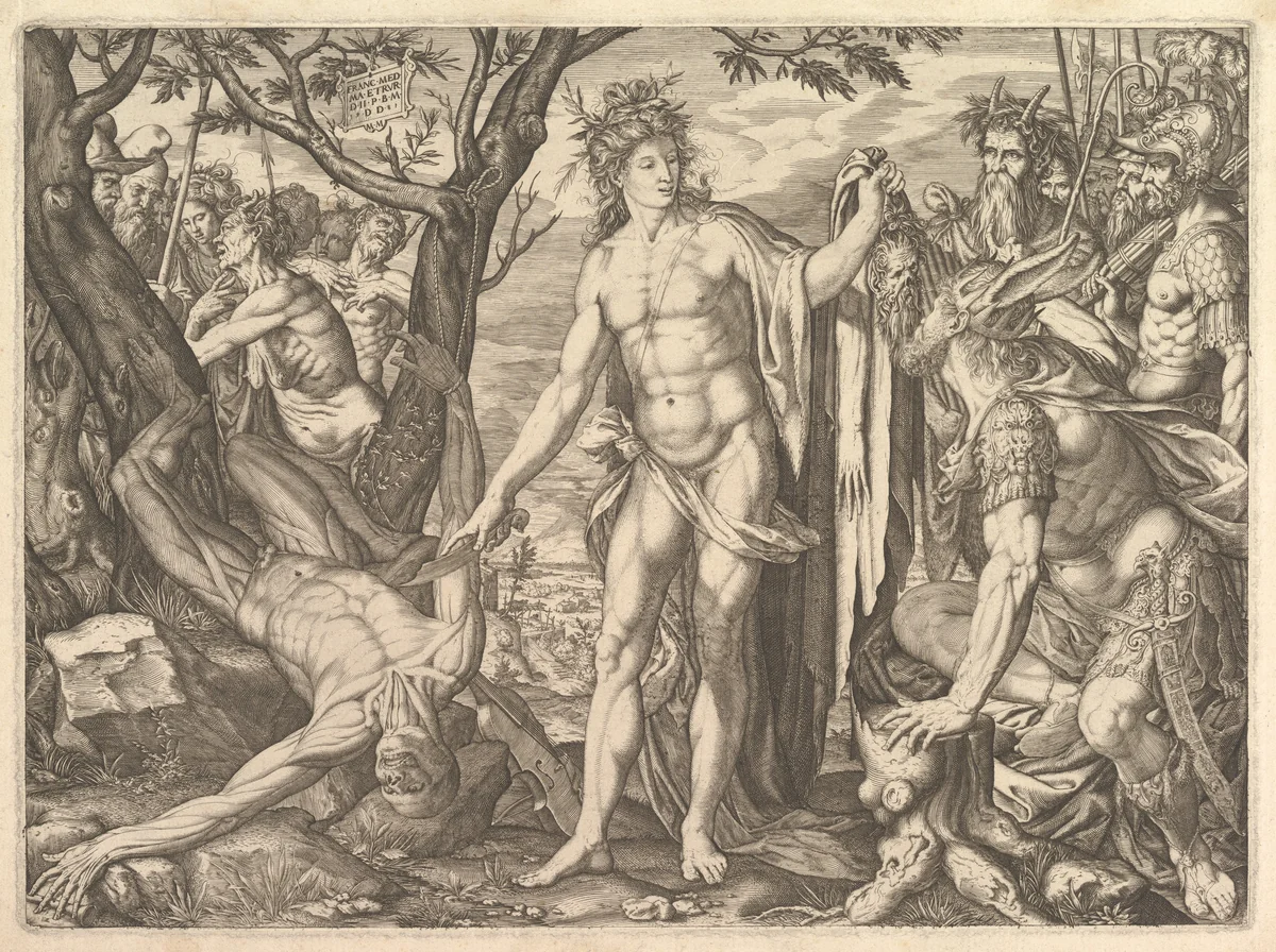 Apollo and Marsyas and the Judgment of Midas by Melchior Meier, print, 1581