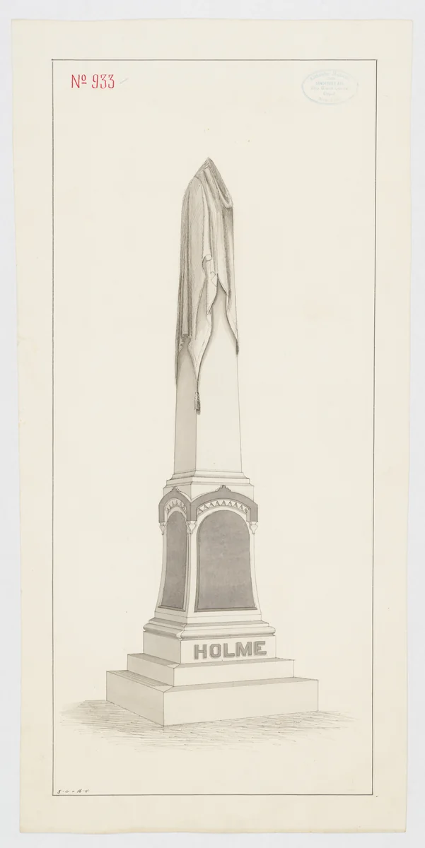 Draped Obelisk Grave Monument for "Holme", No. 933 (recto); Sketch of a grave (verso) by Alexander Maxwell, drawing, 1840-1880