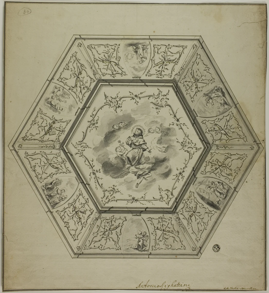 Ceiling Design with Saint Anthony of Padua Surrounded by Episodes from his Life and Symbols of Martyrdom of the Apostles by Unknown Artist, drawing, 1700-1799