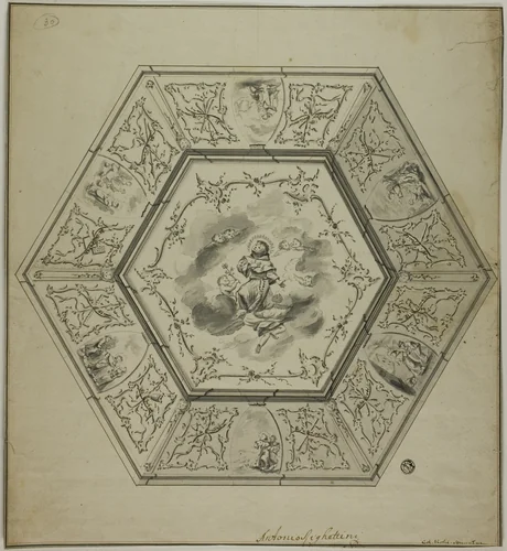 Ceiling Design with Saint Anthony of Padua Surrounded by Episodes from his Life and Symbols of Martyrdom of the Apostles by Unknown Artist, drawing, 1700-1799