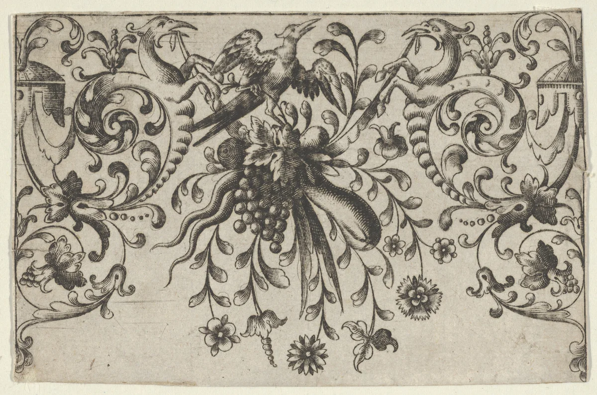 Design for Silverwork with Garlands, Birds, and Grotesque Motifs by Hieronymus Bang, print, 1568-1633