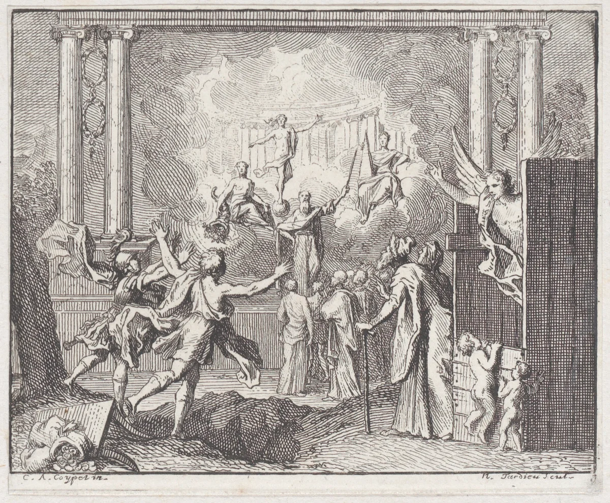 Book 5, Fable 14: the present and the future (Le present et l'avenir), from "Fables Nouvelles" by Nicolas Henry Tardieu, print, 1719