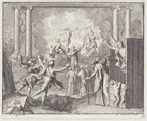 Book 5, Fable 14: the present and the future (Le present et l'avenir), from "Fables Nouvelles" by Nicolas Henry Tardieu, print, 1719