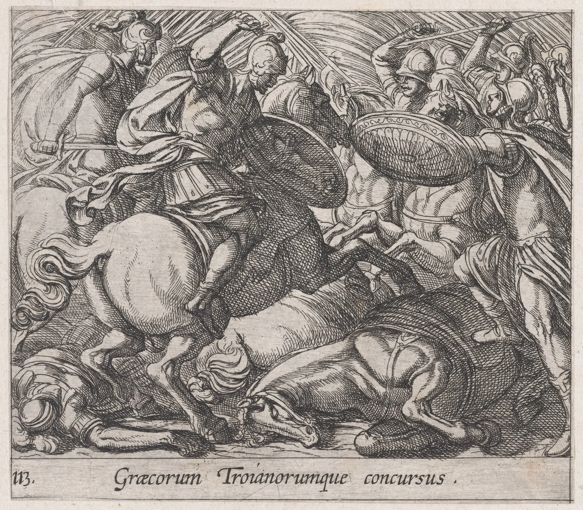 Plate 113: The Greeks Battling the Trojans (Graecorum Troianorumque concursus), from Ovid's 'Metamorphoses' by Antonio Tempesta, print, 1606