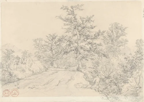 Landschap met geknielde man op de voorgrond by Jacques Raymond Brascassat, drawing, 1846