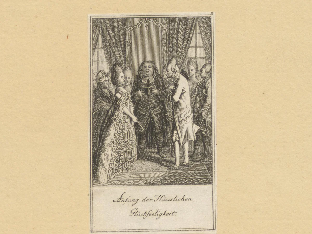 Dominee trouwt een man en een vrouw by Daniel Berger, print, 1773