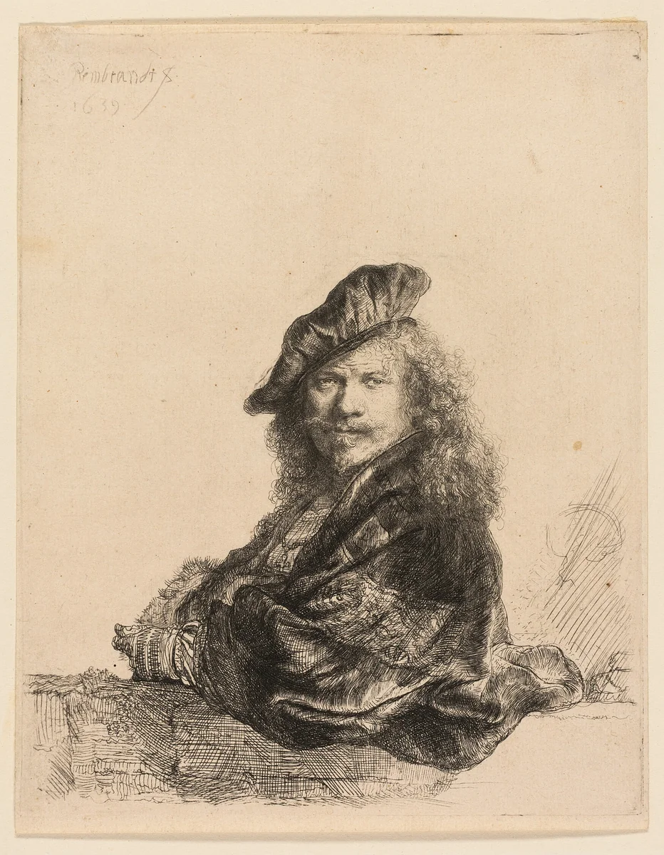 Self-Portrait Leaning on a Stone Sill by Rembrandt van Rijn, print, 1639