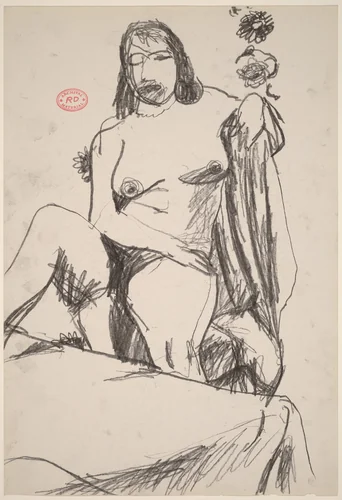 Untitled [seated female nude with arm over draped chair back] by Richard Diebenkorn, drawing, 1955-1967