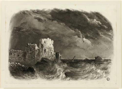 Ruined Castle by the Sea by John Rawson Walker, drawing, 1816-1873