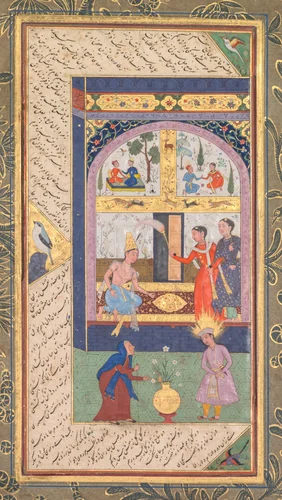 Zulaykha in her palace and as an elderly woman with Joseph (recto), from a Panj Ganj (Five Treasures) of Abd al- Rahman Jami (Persian, 1414–1492) by Mushfiq, painting, 1603-1607