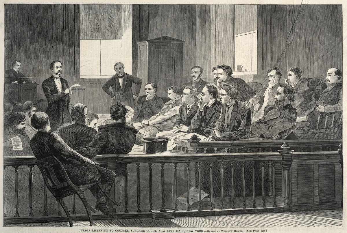 Jurors Listening to Counsel, Supreme Court, New City Hall, New York by Winslow Homer, print, 1869