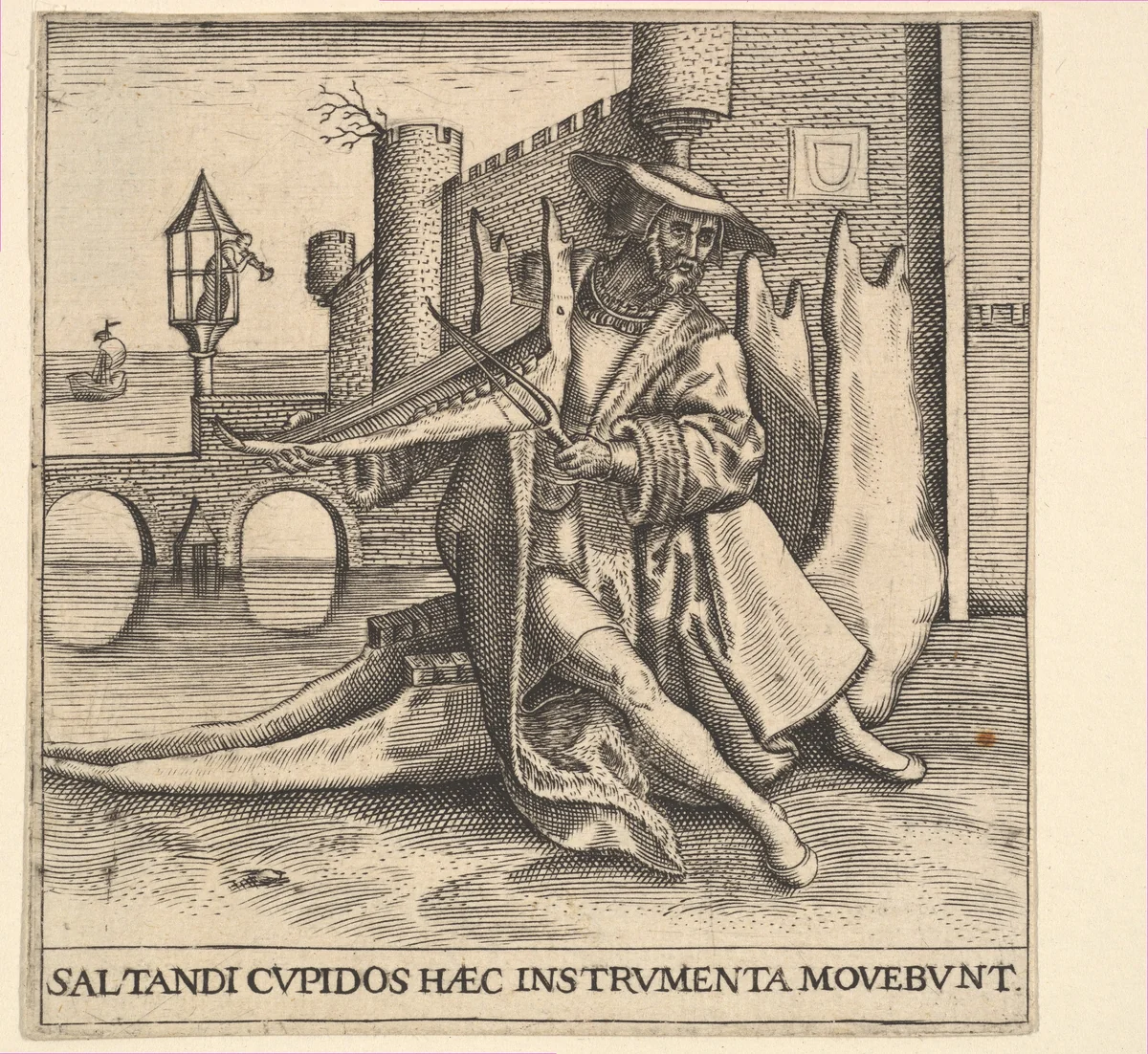 The Rich Man Playing Violin on a Jaw Bone by Johann Theodor de Bry, print, 1528-1598