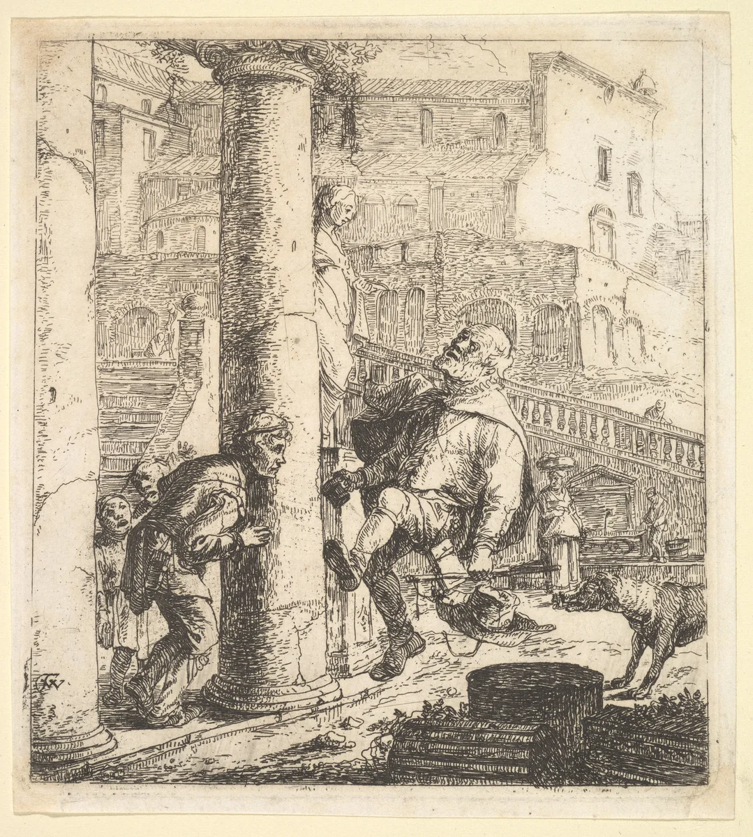 Blind Beggar Bumping A Pillar; this and 63.616.39 (2) are two plates of beggars from the story of Lazaville de Tormes. by Thomas Wijck, print, 1610-1677