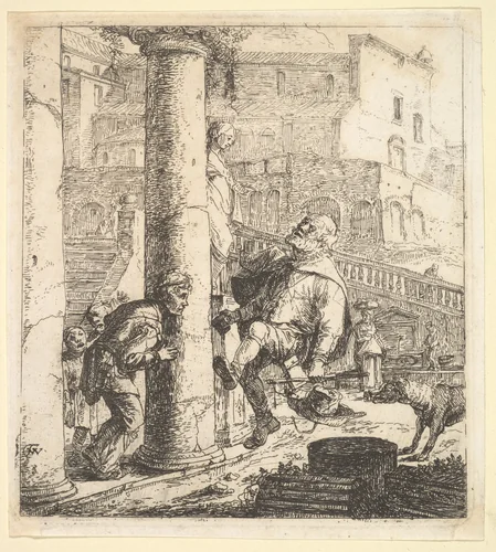Blind Beggar Bumping A Pillar; this and 63.616.39 (2) are two plates of beggars from the story of Lazaville de Tormes. by Thomas Wijck, print, 1610-1677