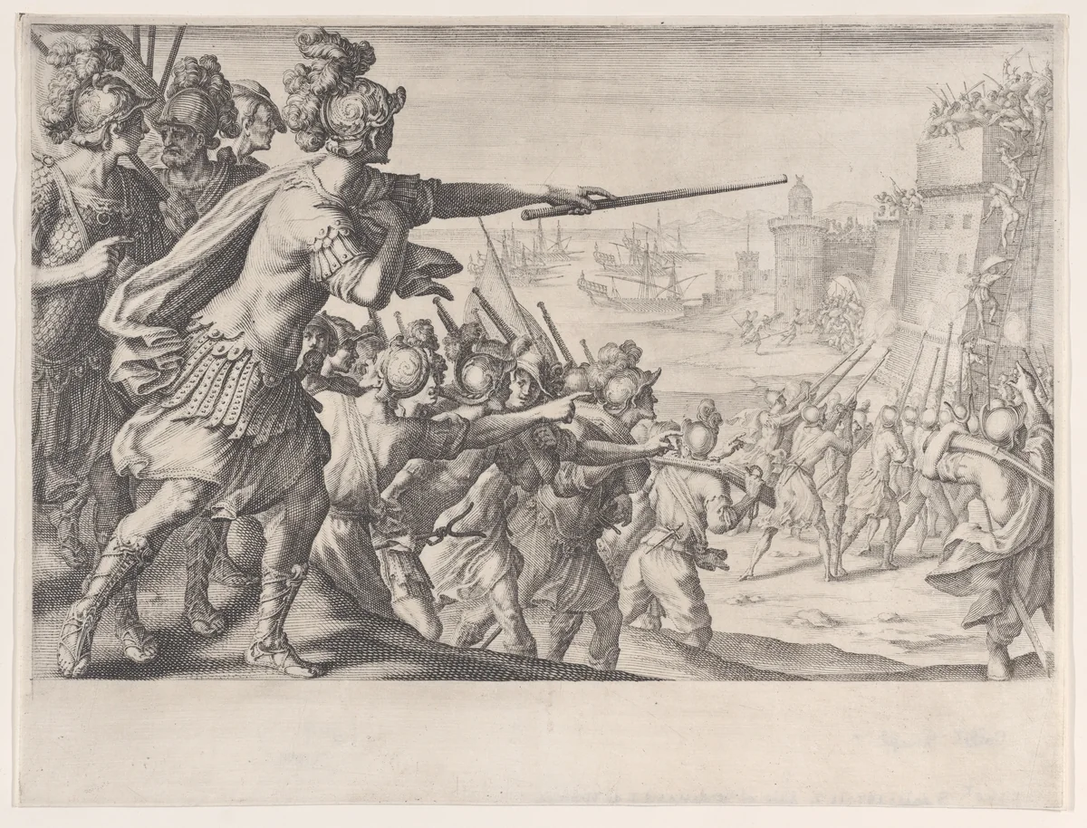 Prise de la Ville de Bone (Capture of the City of Bone), from La Vie de Ferdinand Ier de Médicis série appelée aussi Les Batailles des Médicis (The Life of Ferdinand I de'Medici also called The Medici Battles) by Jacques Callot, print, 1614-1620