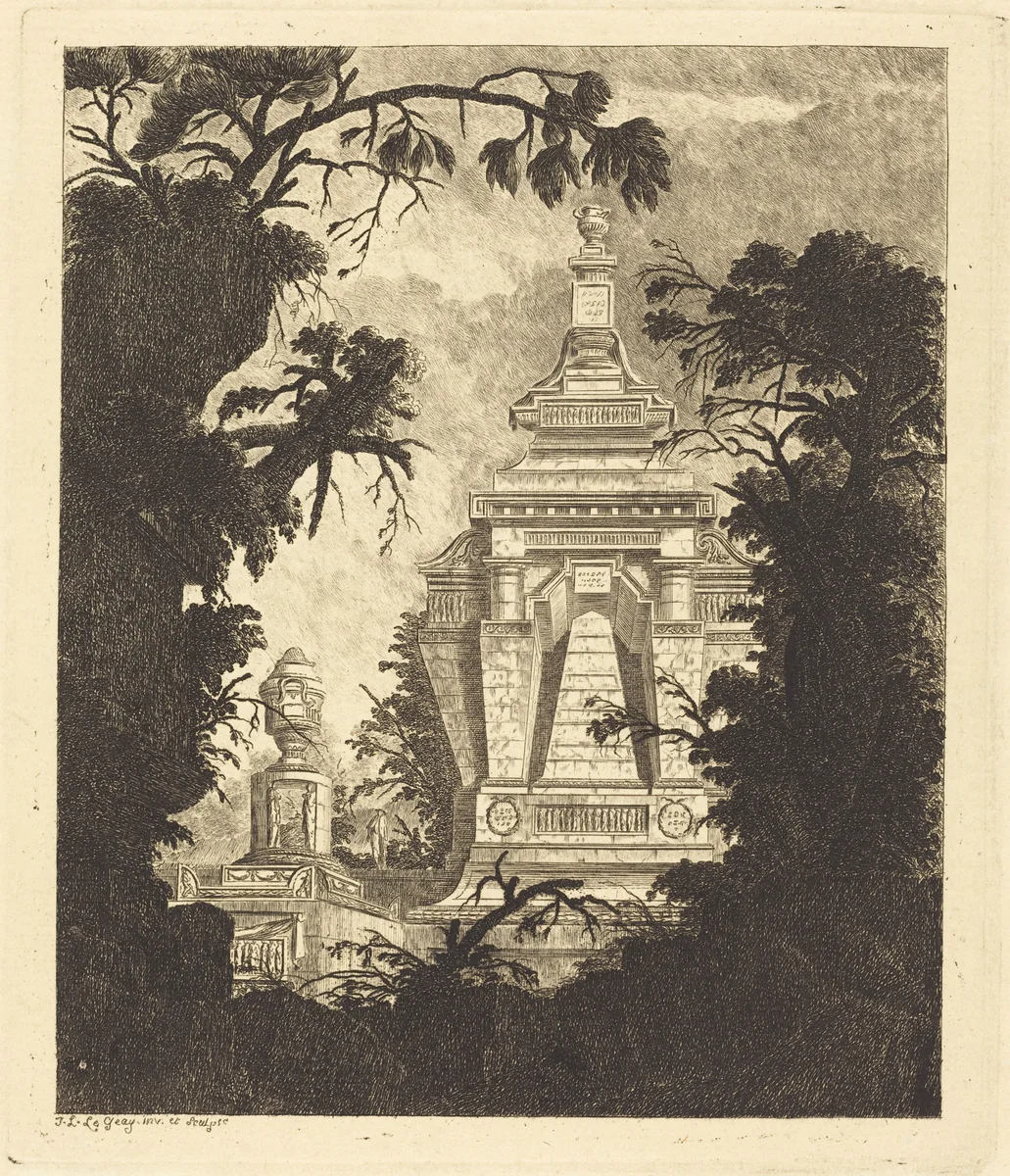 Tomb with Funerary Urn by Jean Laurent Legeay, print, 1768