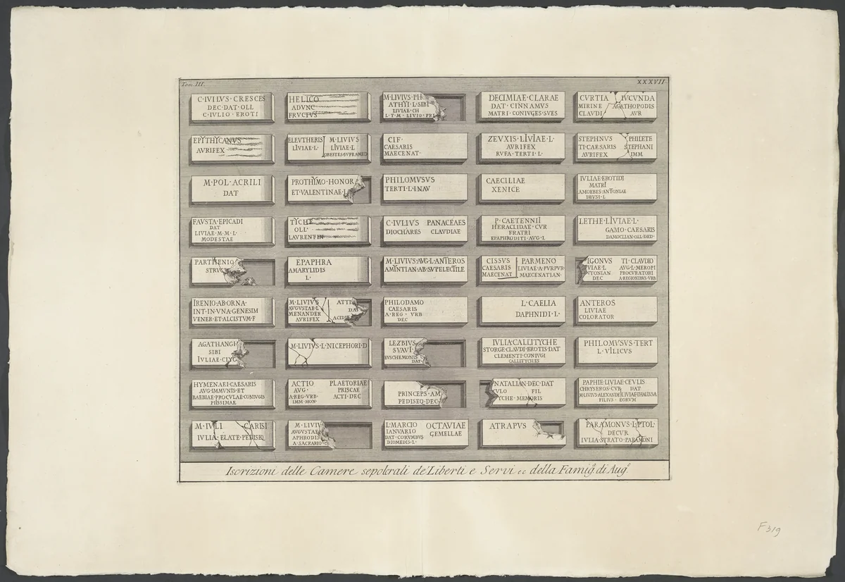 Inscripties uit de graftombe van de vrijgelatenen en slaafgemaakten van de familie van Augustus by Giovanni Battista Piranesi, print, 1756-1757