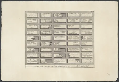 Inscripties uit de graftombe van de vrijgelatenen en slaafgemaakten van de familie van Augustus by Giovanni Battista Piranesi, print, 1756-1757