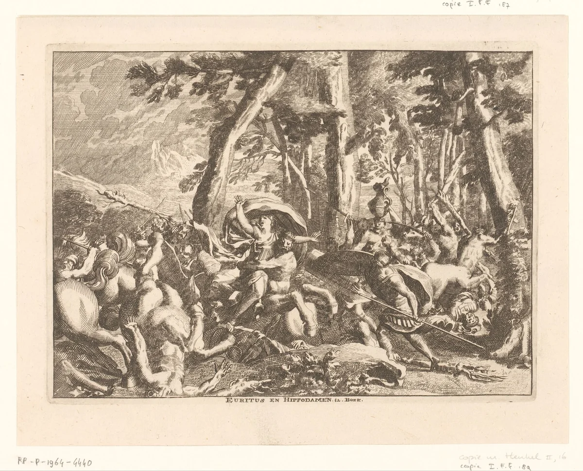 Gevecht tussen de Lapithen en de Centauren by anonymous, print, 1628-1682