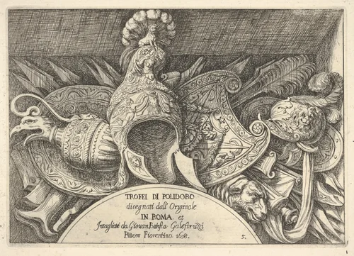 Plate 5: trophies of Roman arms from decorations above the windows on the second floor of the Palazzo Milesi in Rome by Giovanni Battista Galestruzzi, print, 1658