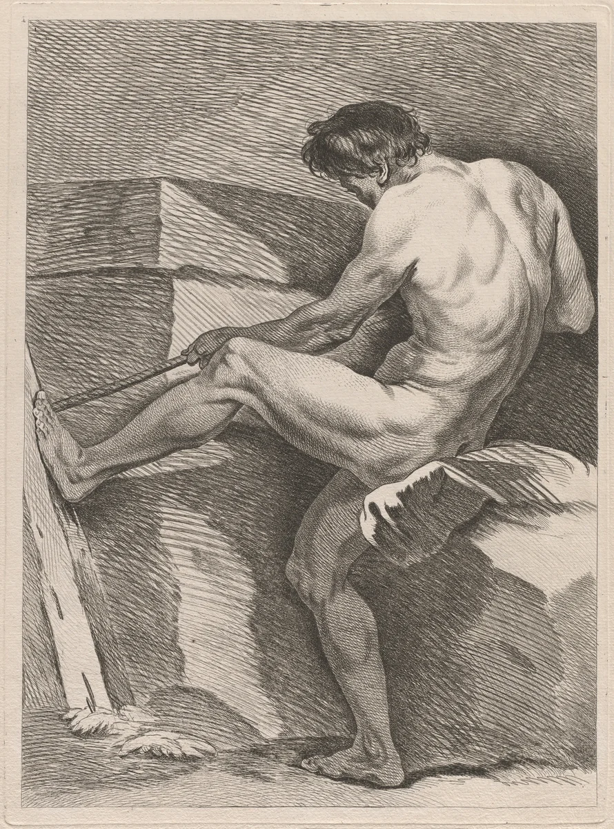 Man Pulling a Rope, His Foot Braced by Carle van Loo, print, 1738-1748