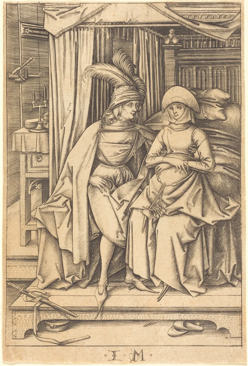 Couple Seated on a Bed by Israhel van Meckenem, print, 1495-1503