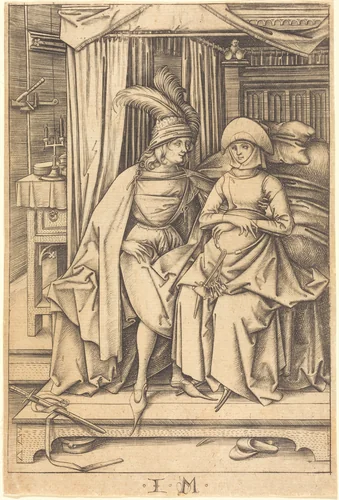 Couple Seated on a Bed by Israhel van Meckenem, print, 1495-1503