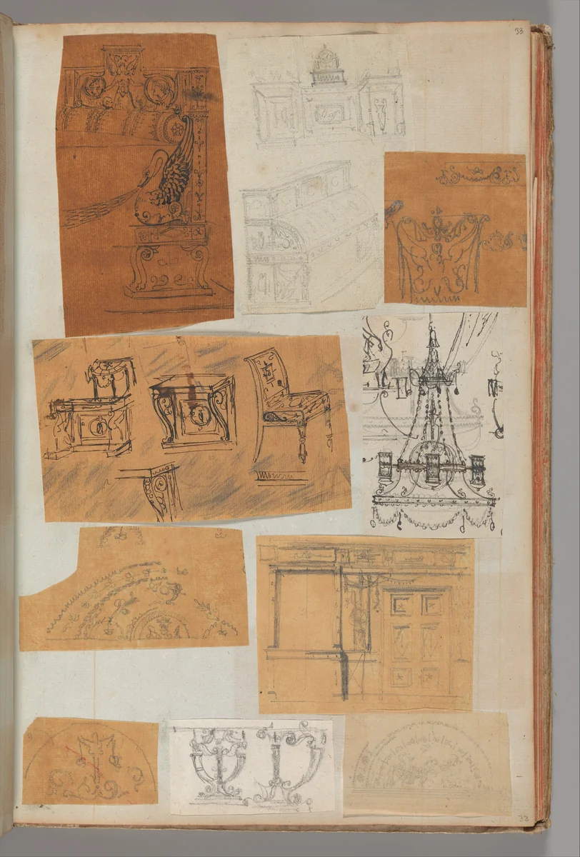 Page from a Scrapbook containing Drawings and Several Prints of Architecture, Interiors, Furniture and Other Objects by Charles Percier, book, 1795-1805