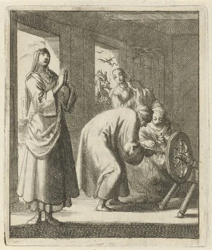 Vrouwen biddend en spinnend in een interieur, bij het raam fluistert Satan een vierde vrouw wat in het oor by Jan Luyken, print, 1687