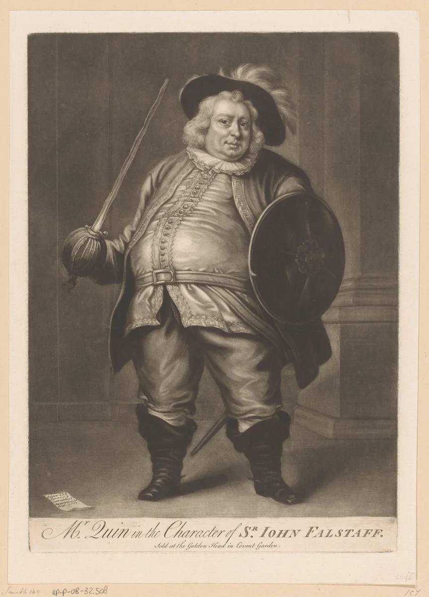Portret van James Quin als John Falstaff by James McArdell, print, 1745-1765