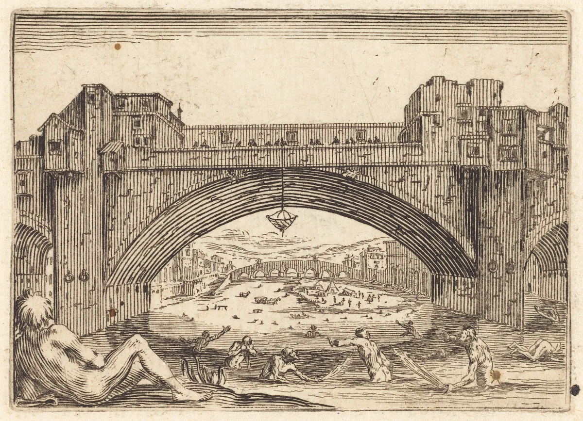 Ponte Vecchio, Florence by Jacques Callot, print, 1622