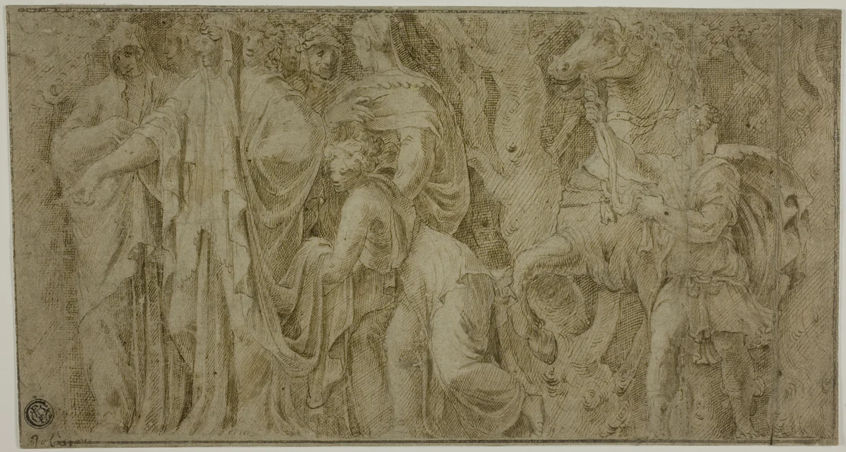 Story of Niobe: Niobe Receiving Gifts from Worshippers; Youth with Horse by Polidoro Caldara, drawing, 1580-1599