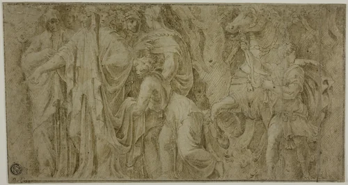 Story of Niobe: Niobe Receiving Gifts from Worshippers; Youth with Horse by Polidoro Caldara, drawing, 1580-1599