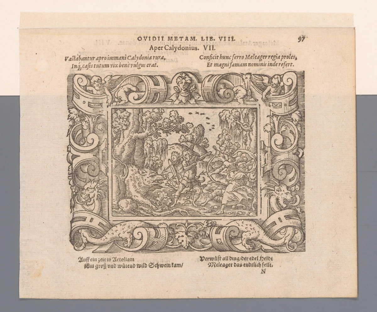 Atalanta en Meleager doden het zwijn by Virgilius Solis, print, 1569