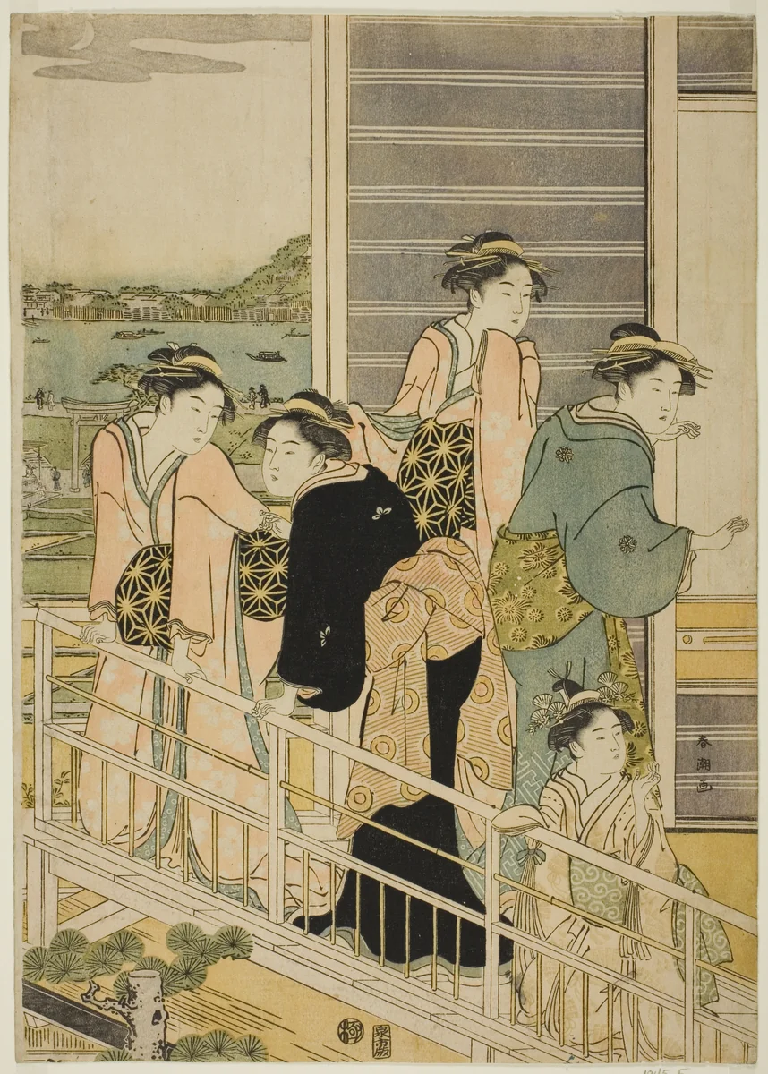 Women on a Balcony of a Yoshiwara Teahouse by Katsukawa Shuncho, print, 1780-1789