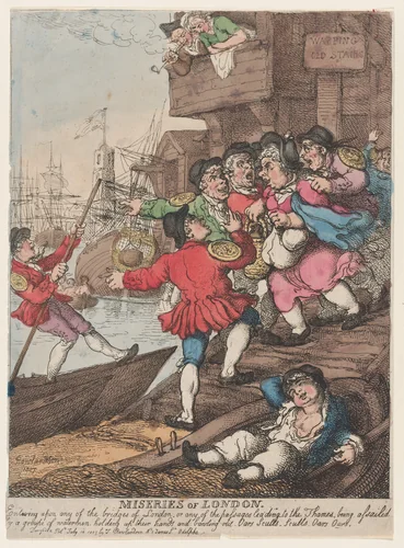 Miseries of London: Entering upon any of the bridges of London or any of the passages leading to the Thames being assailed by a groupe [sic] of watermen holding up their hands and bawling out. Oars Sculls. Sculls. Oars. Oars. by Thomas Rowlandson, print, 1807