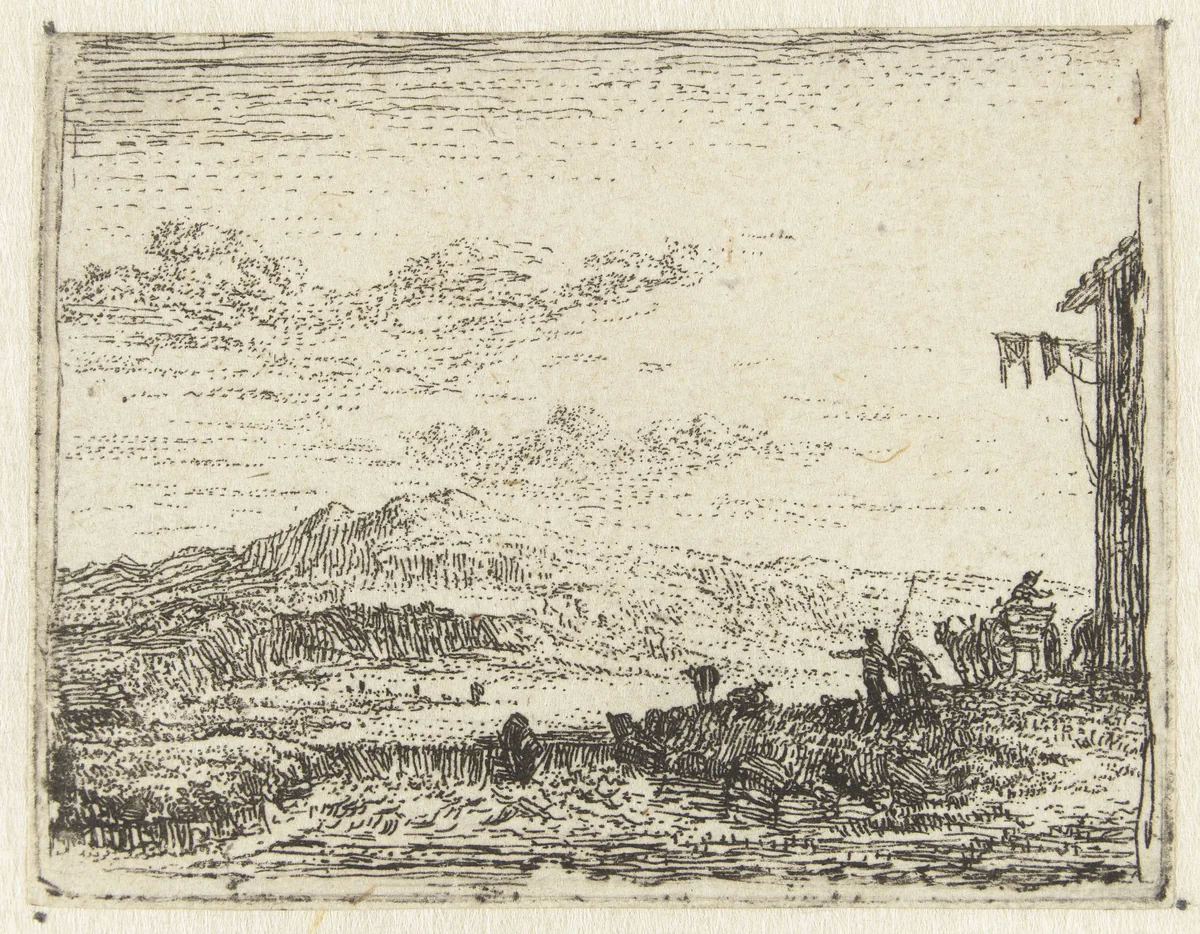 Italianiserend landschap met wagen bij herberg by Karel du Jardin, print, 1652-1659