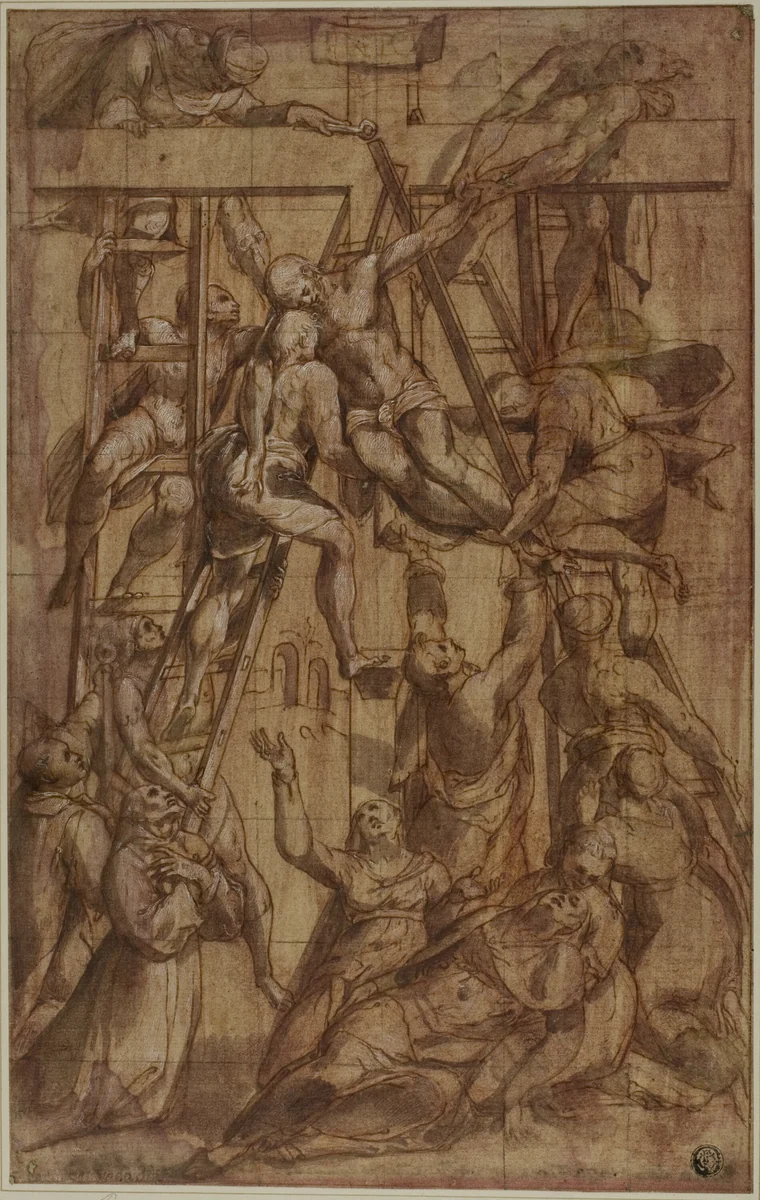 Deposition, with Saint Francis of Assisi and Another Male Saint (Stephen?) by Simone De Magistris, drawing, 1571-1581