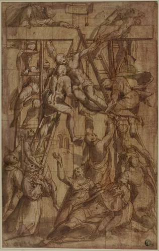 Deposition, with Saint Francis of Assisi and Another Male Saint (Stephen?) by Simone De Magistris, drawing, 1571-1581